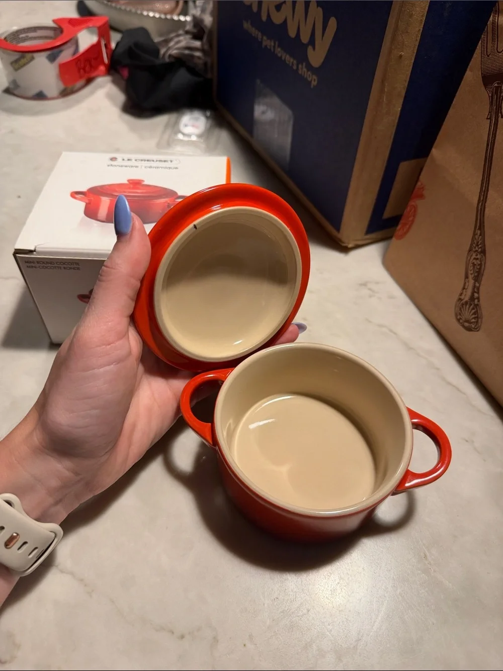 Two Le Creuset Red Mini Round Stoneware Cocotte